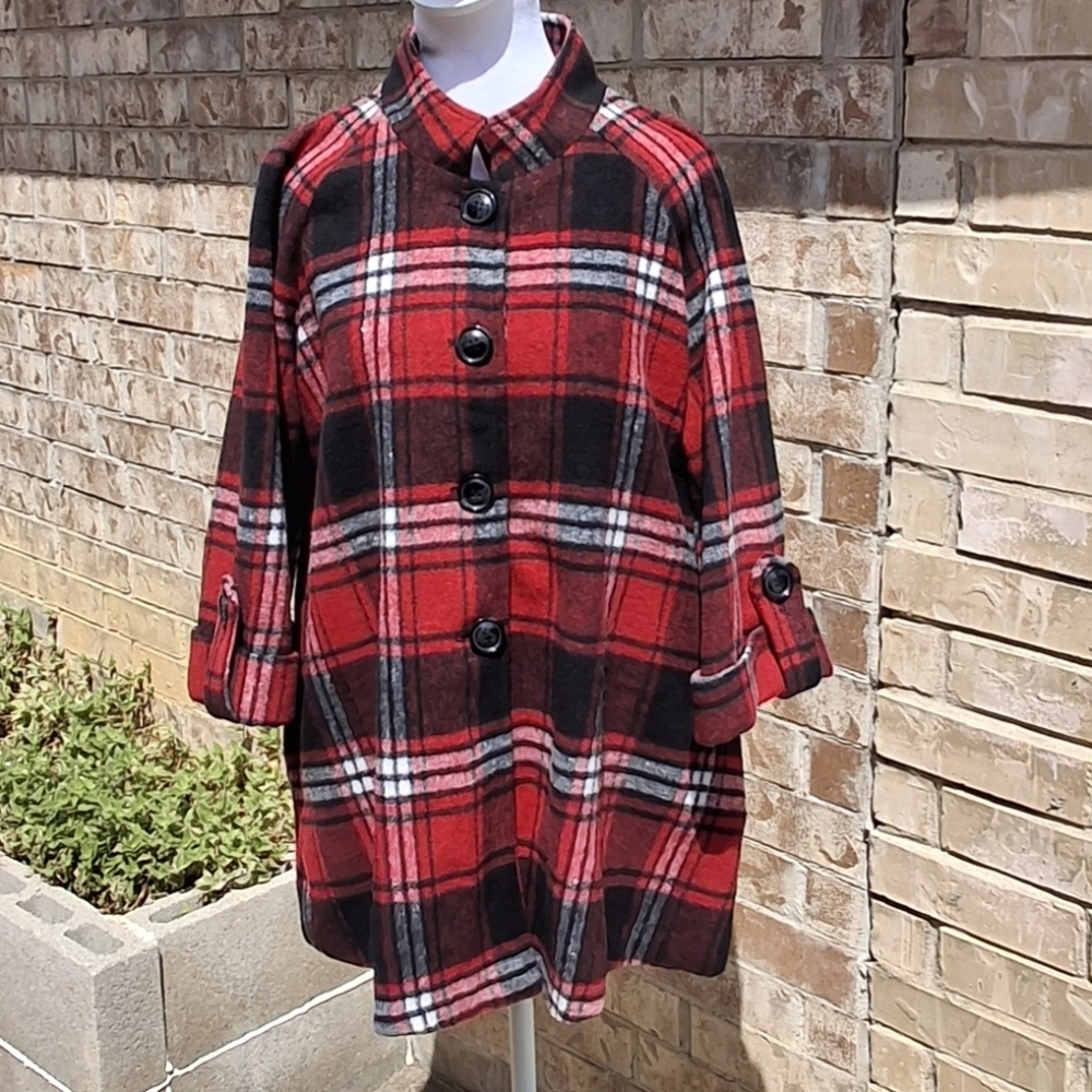 Boho Chic New York Red Plaid Relax Fit Shirt Jacket Tunic  Women Size Medium - Picture 5 of 16